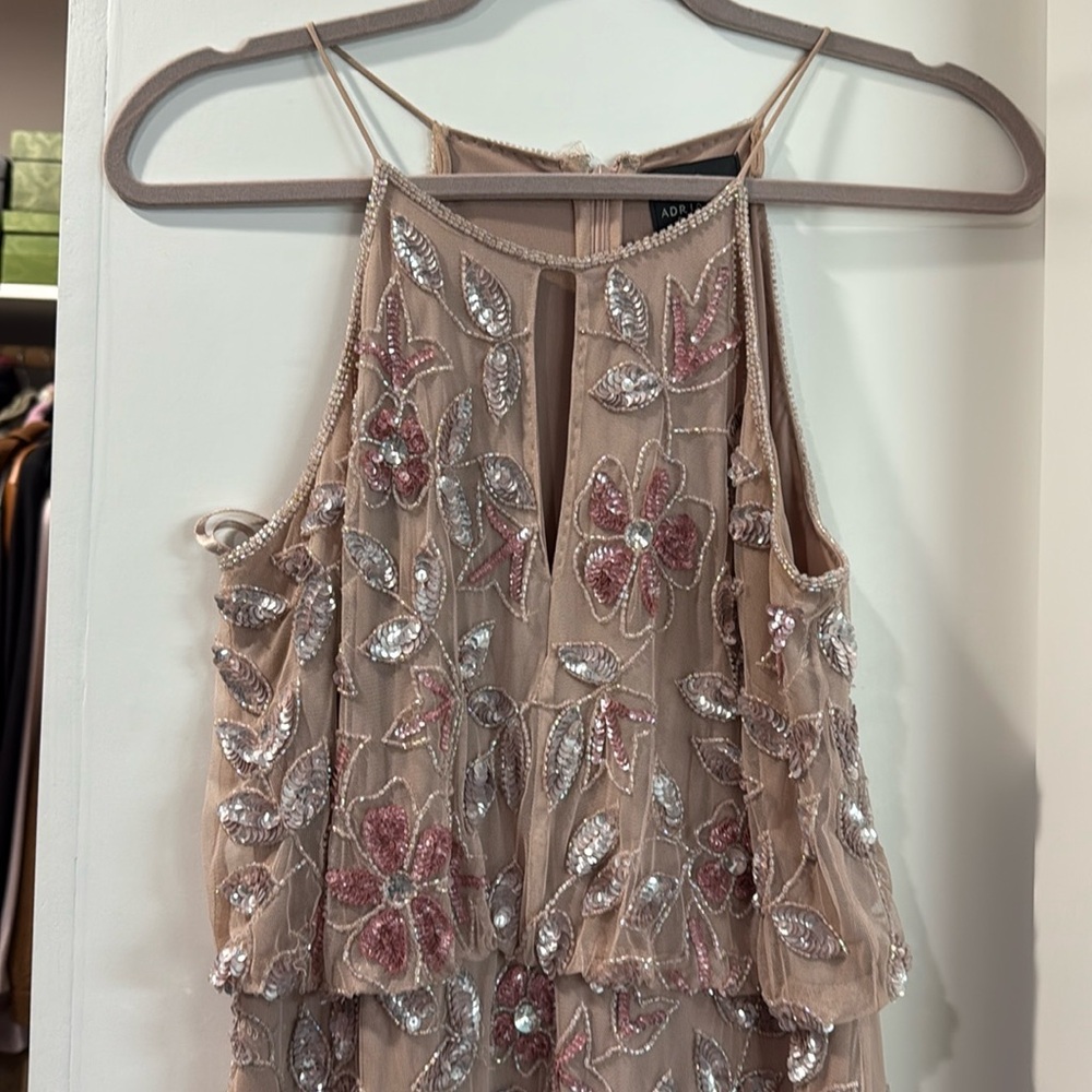 Adrianna Papell Blush Beaded Halter Long Dress